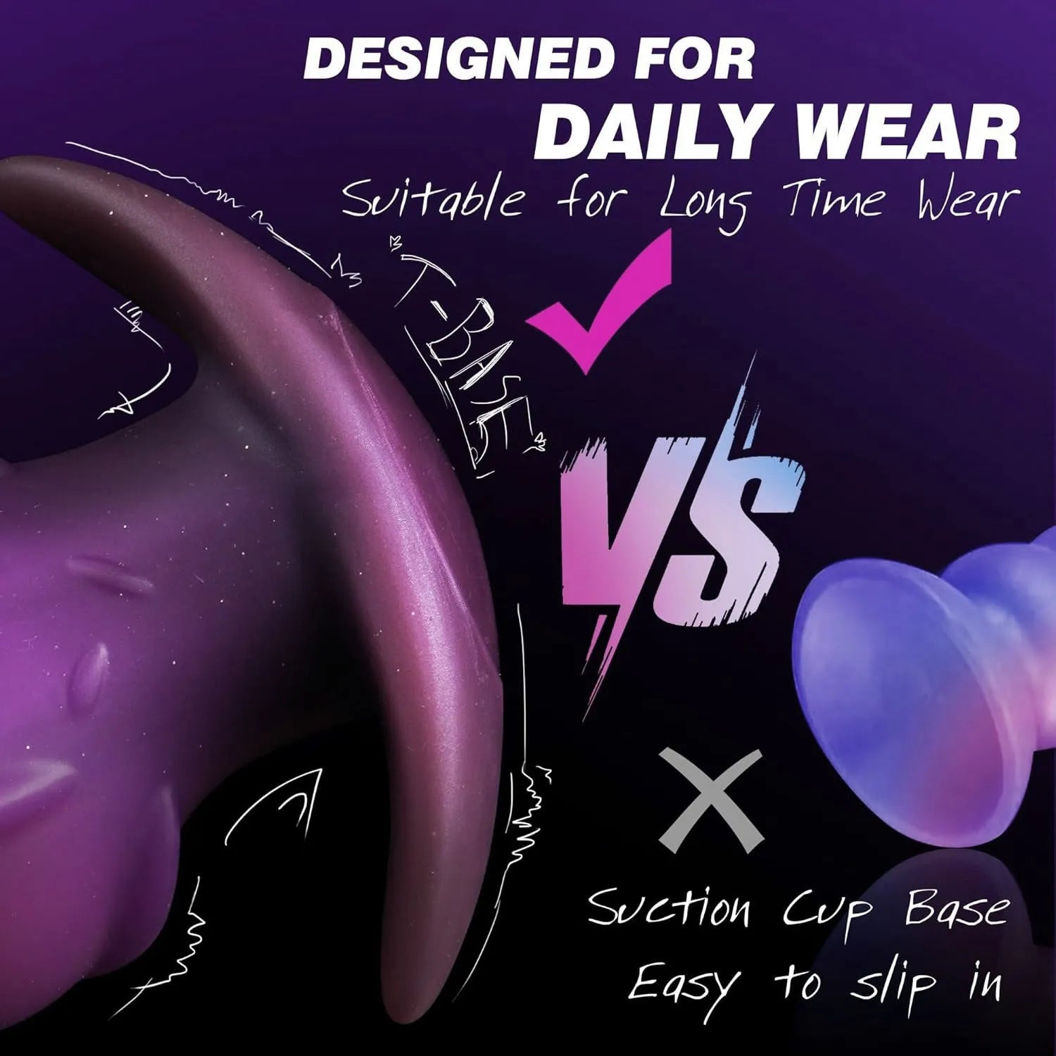 Purple, gold, and black silicone masturbator adult toy with size options S through XL