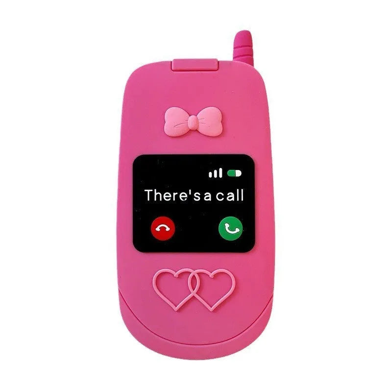 Pink silicone flip phone case with a mirror for iPhone models.