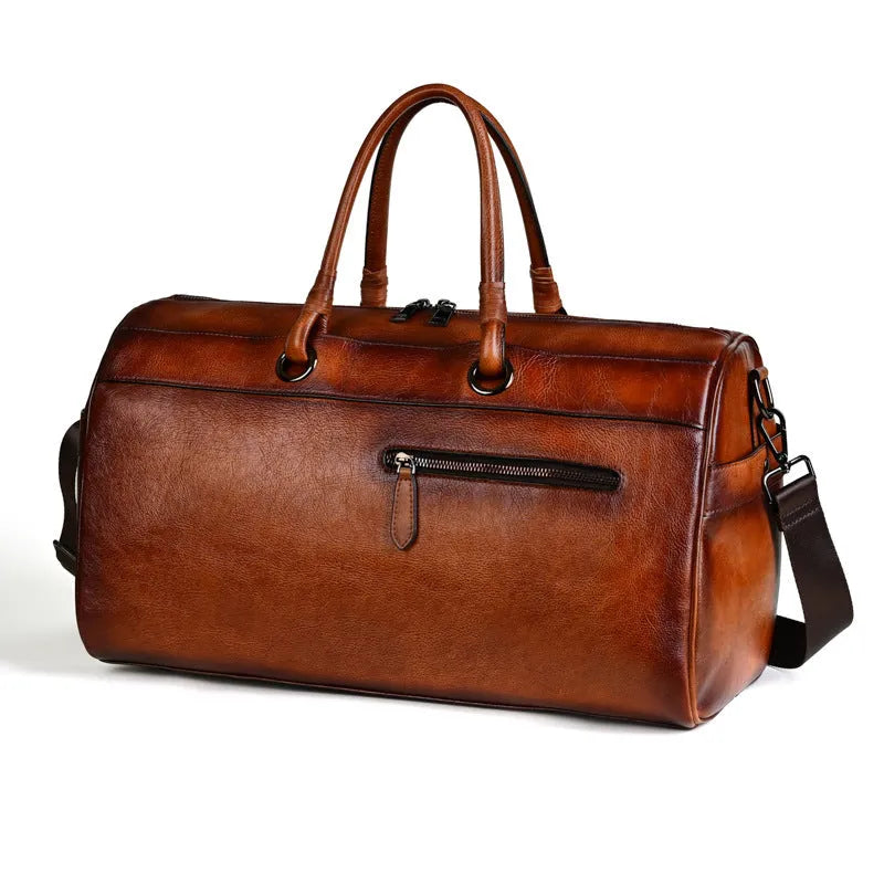 Handmade retro leather bag in vintage brown with 20L capacity and genuine leather construction