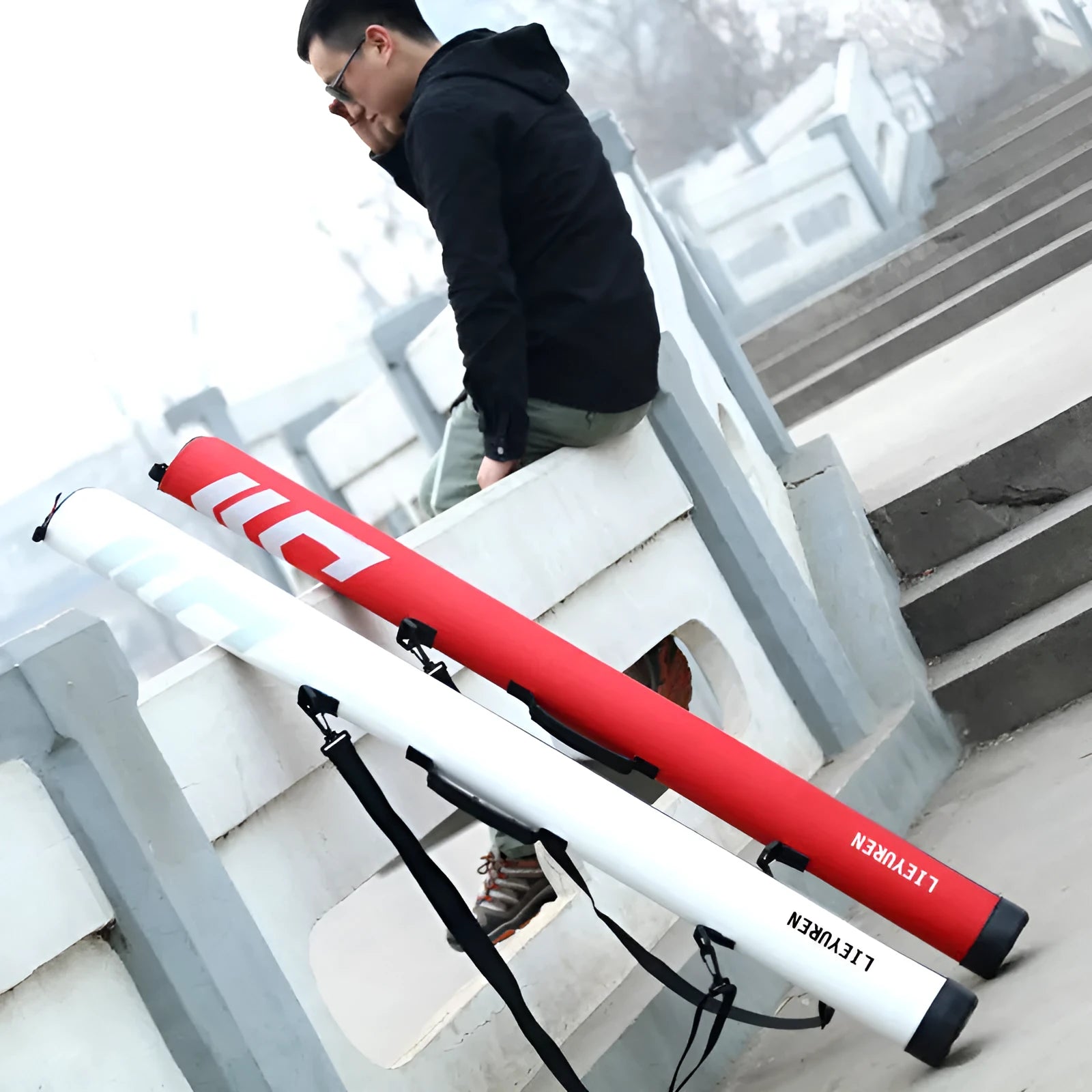 Hard cover lightweight PU leather fishing rod bag in black, 1.25m long, for single rod storage