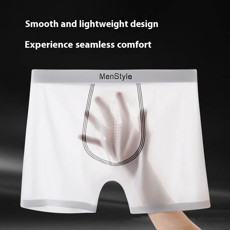 Men's seamless satin ice silk nylon boxers in mid waist cut, showing single-layer crotch detail.
