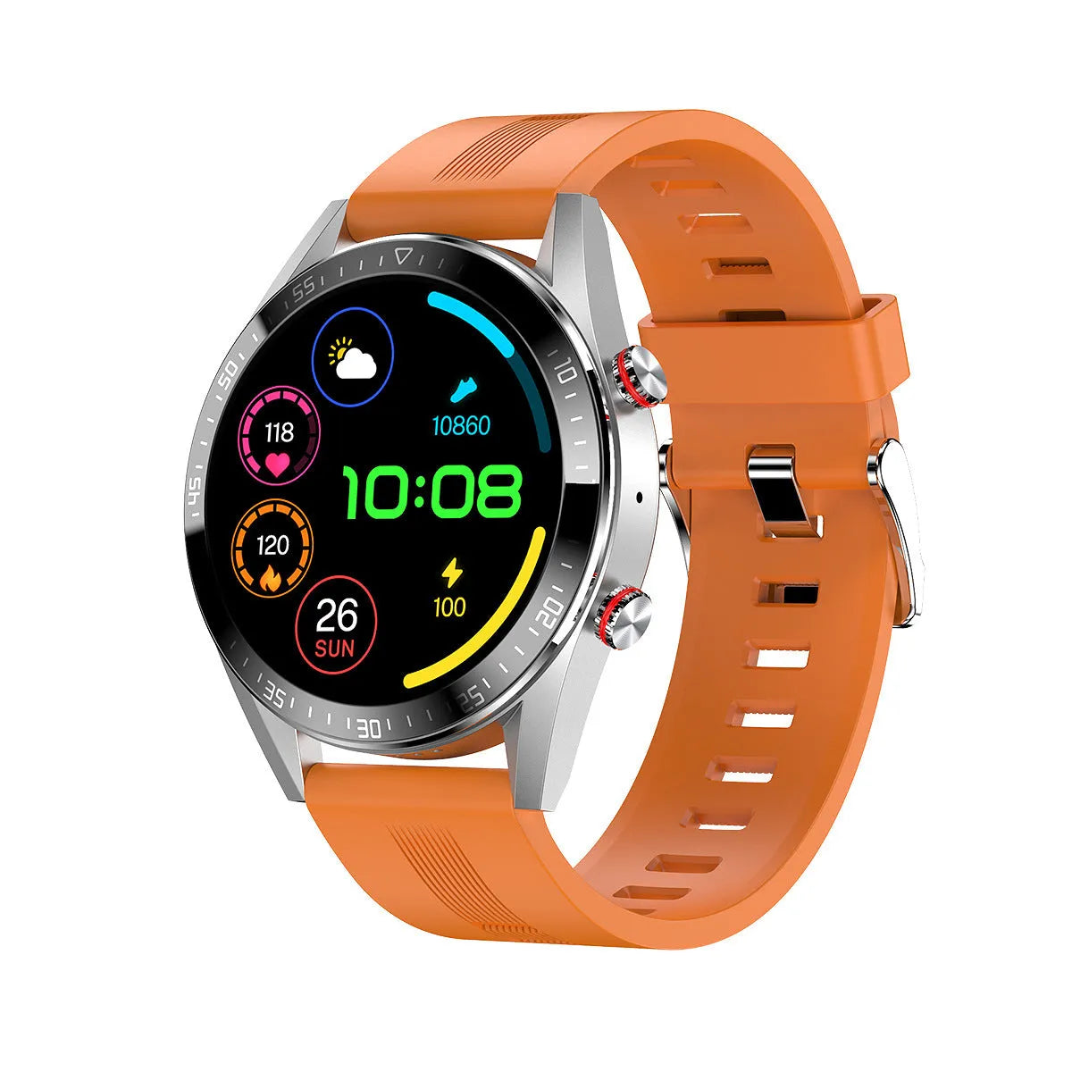 Smart watch with 1.39-inch HD screen, leather strap, heart rate and blood pressure sensors, 30-metre waterproof rating