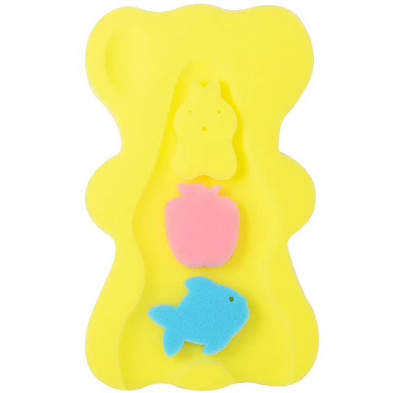 Baby bath sponge mat in blue, pink or yellow, 4.7cm thick, with suspended mesh bag, non-slip surface.
