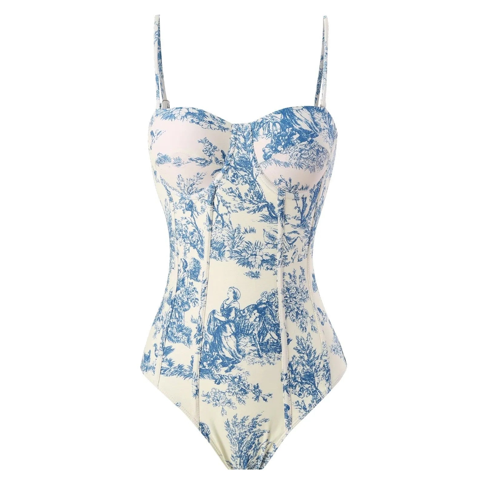 Women's blue patterned one-piece swimsuit with matching gauze skirt swimwear set