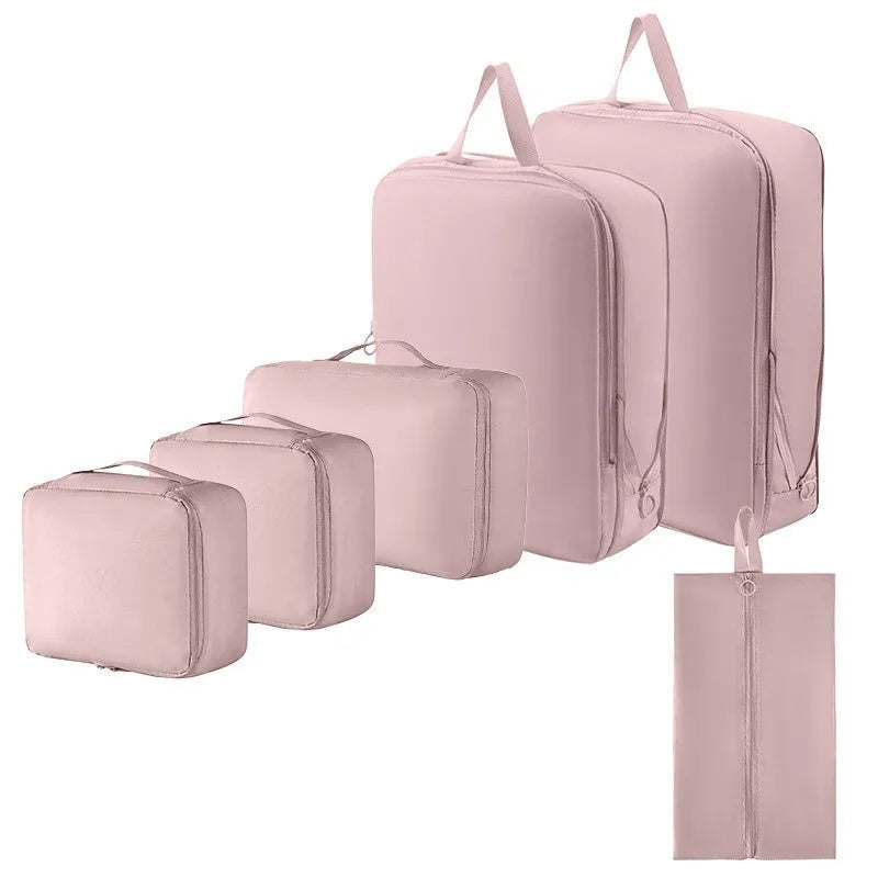 Travel buggy bag in memory cloth with polyester lining, six-piece compressed clothing set, 36-55L capacity, solid colour