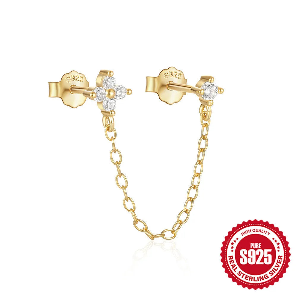 S925 sterling silver ear stud with gold electroplated flower and dangling tassel chain design.