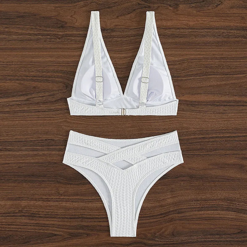 White solid colour backless bikini swimsuit for women on beach