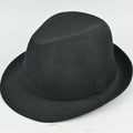 Classic brown fedora hat for men with a reinforced brim, shown on a wooden stand.