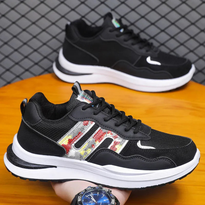 Plus size men's mesh sports casual shoes with leather toe holder and plastic soles