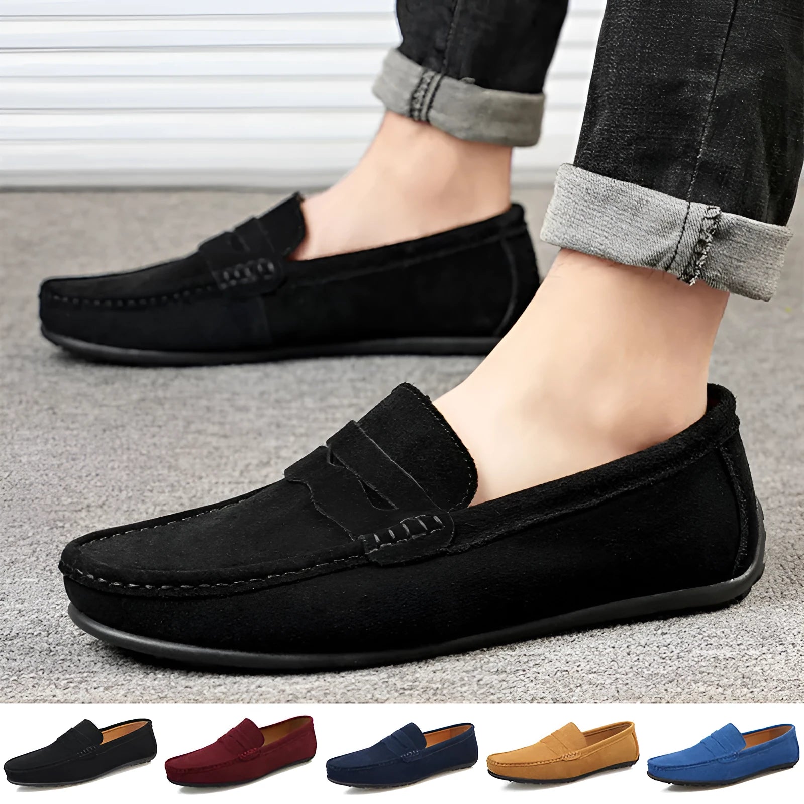 Men's suede loafers slip-on casual shoes in multiple colours with round toe