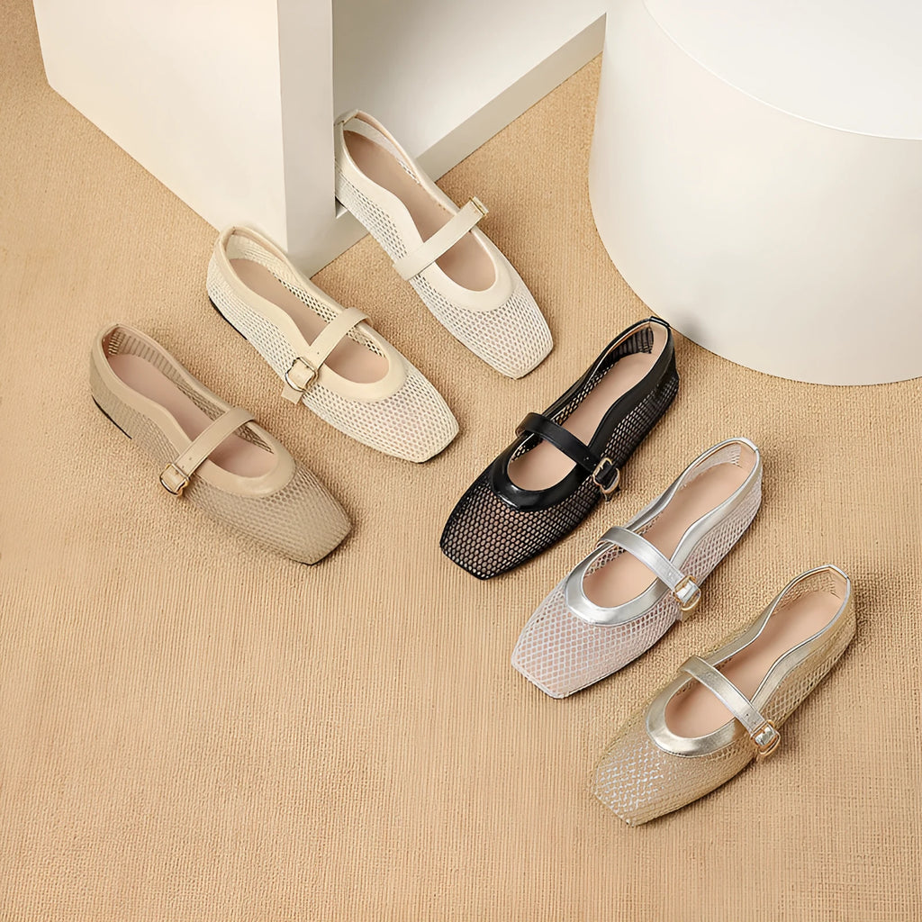 Women's beige mesh flat-heel pump with a square toe and buckle fastening.