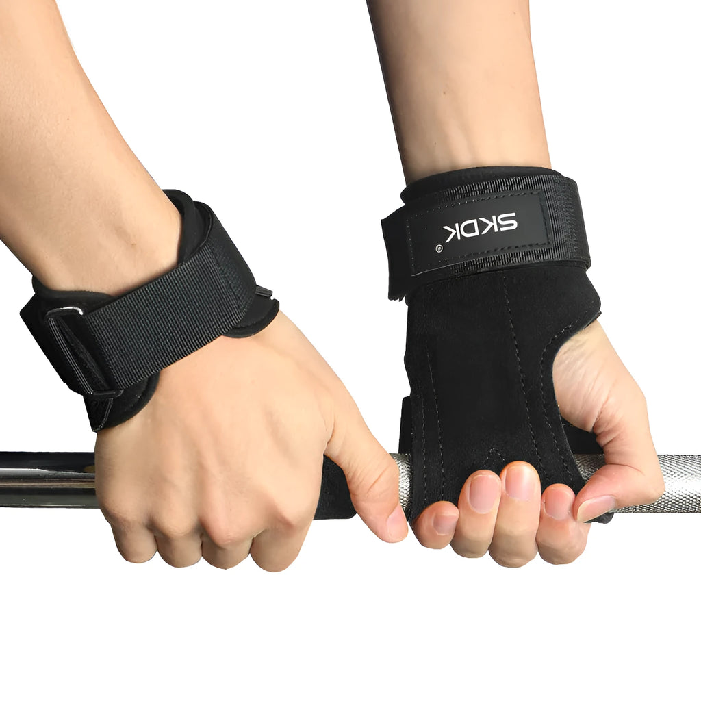 Cowhide weightlifting palm grip booster stripe in black on a gym floor