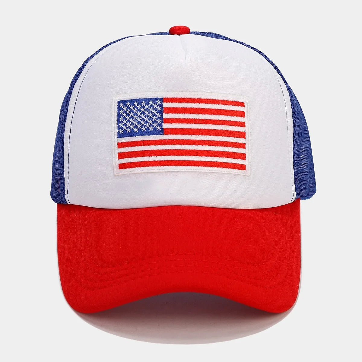 Red and blue contrast mesh baseball cap with adjustable dome crown design