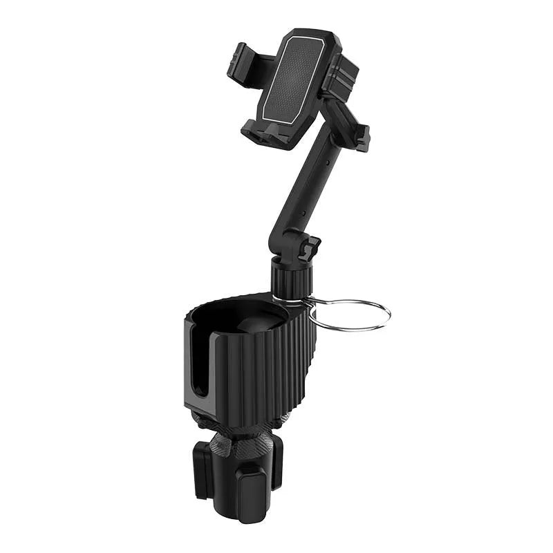 Green ABS plastic car cup holder organiser rack holding a travel mug and a mobile phone.