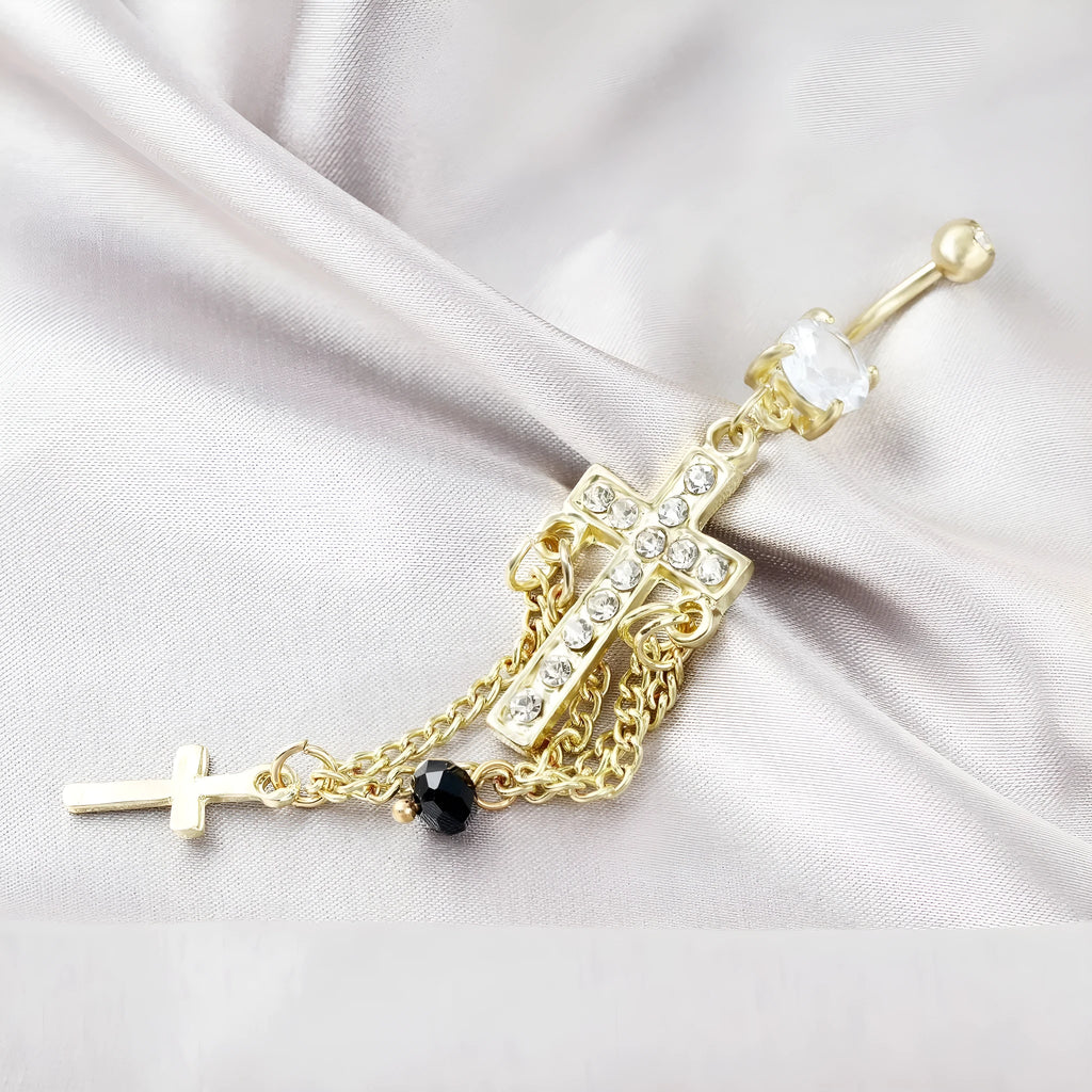 Gold cross navel piercing belly ring in stainless steel with a geometric unisex design