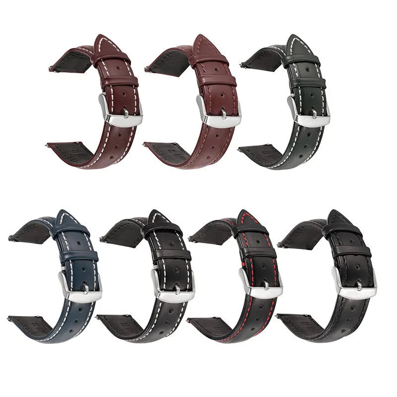 Quick-release leather watch strap in cowhide, shown in black with white stripe detail
