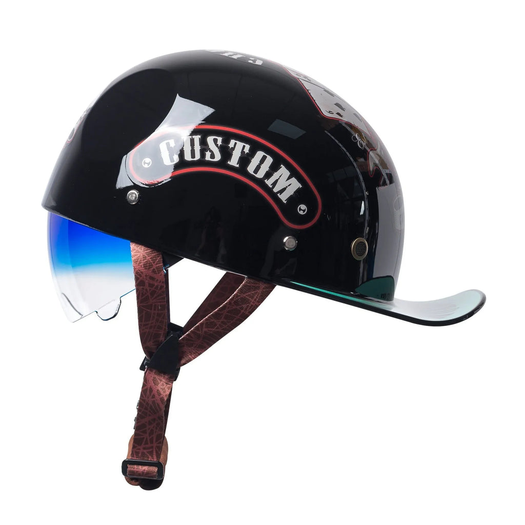 Men's bright black retro half helmet for electric bicycles with a gradient blue lens.