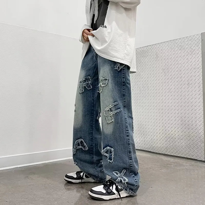 Men's blue cotton loose retro casual wide-leg trousers with mid-rise waist and straight-leg cut, sizes S to XXXL