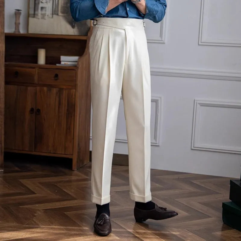Men's high waist straight leg casual trousers in black, white, khaki, and coffee brown colours