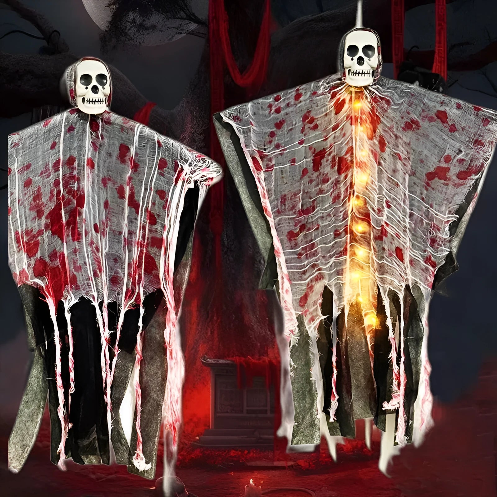 Halloween hanging ghost ornament with a blood-dyed luminous skull, made from plastic.