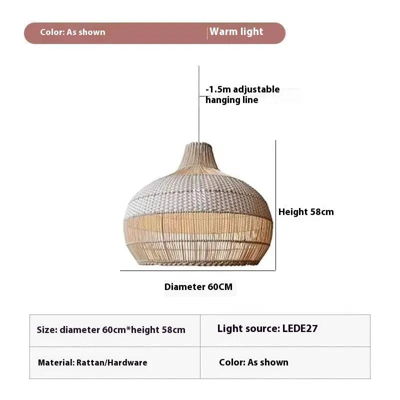 Rattan woven chandelier with a 60cm diameter in a Silent Wind style design.