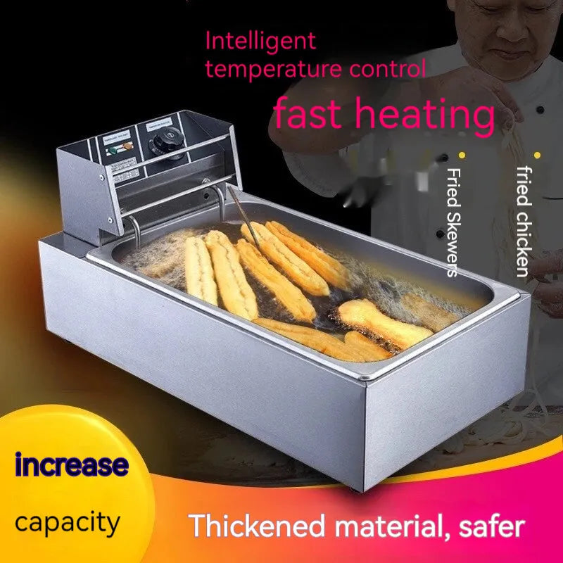 Commercial stainless steel deep frying pan with temperature control dial and large cooking capacity