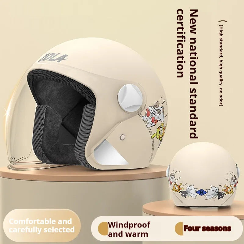 Blown Away winter cycling helmet with attached fleece scarf and clear anti-fog visor on a handlebar.