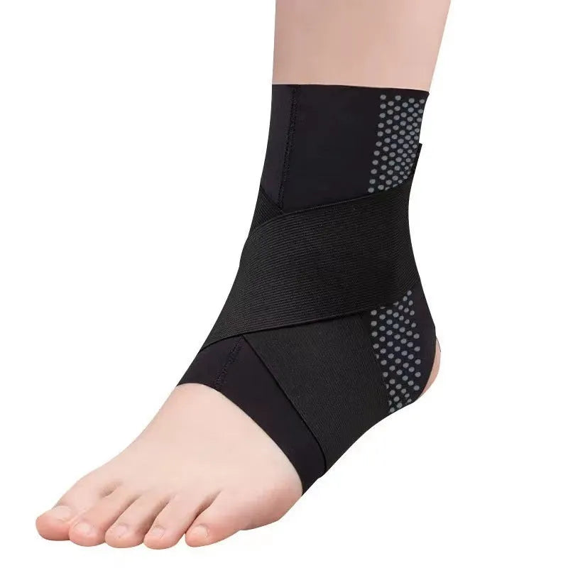 Black Lycra ankle support brace for sports and rehabilitation on an adult ankle
