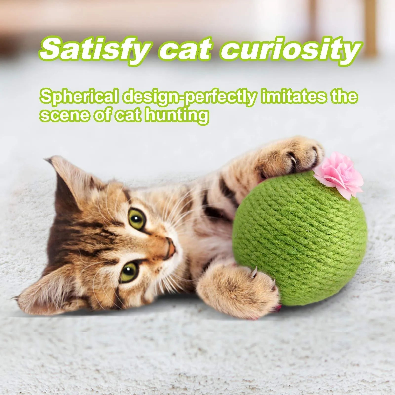 Green cactus-shaped cat scratcher ball with natural sisal scratching surfaces and integrated catnip toys