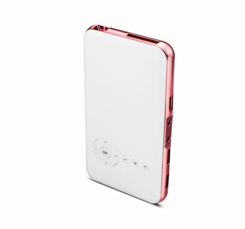M6S miniature portable Android DLP projector in white and rose gold colours showing compact 145mm size