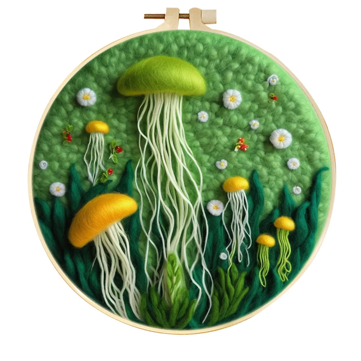 Round linen embroidery frame with wool felt floral decoration kit for three-dimensional wall art