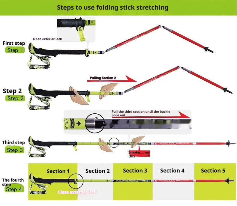 Carbon fibre folding climbing cane with tungsten steel tip shown in extended and collapsed positions