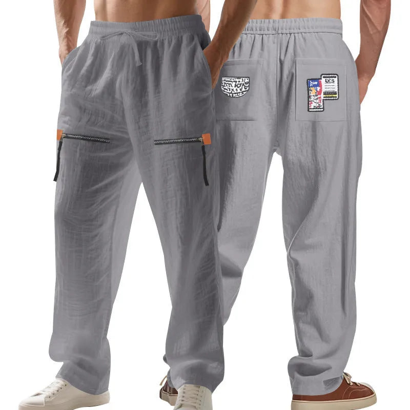 Men's linen blend straight leg casual trousers in solid colour with drawstring waist