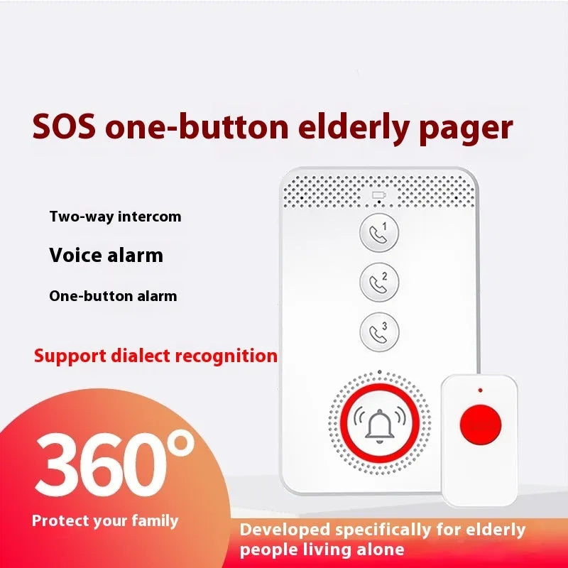 White one-touch voice emergency alert device with a central buzzer and three separate call buttons.