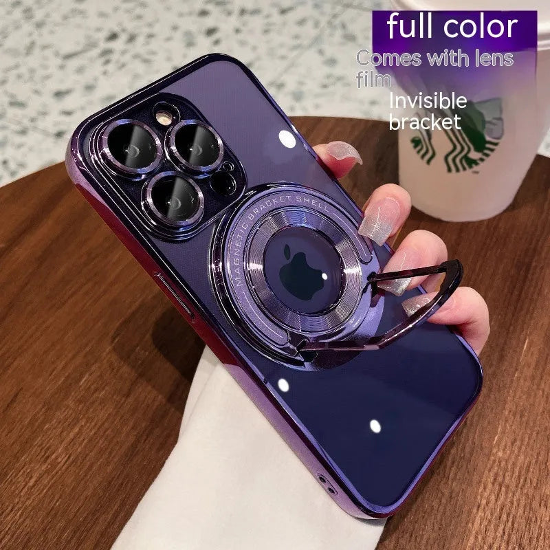Transparent magnetic suction iPhone case with extended pull rod stand in far peak blue colour