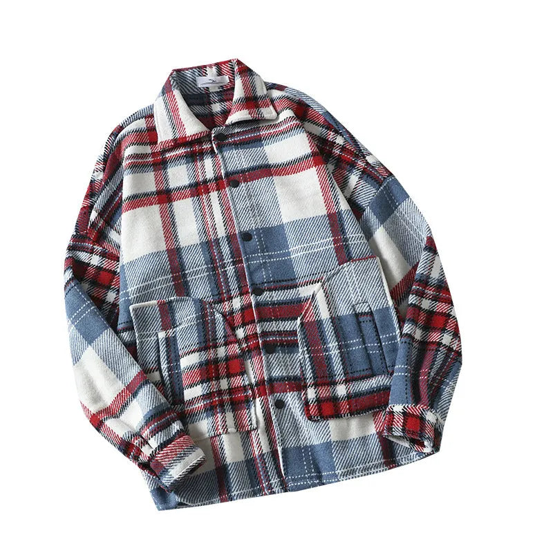 Men's brushed plaid polar fleece shirt in red, loose cardigan fit, autumn casual wear