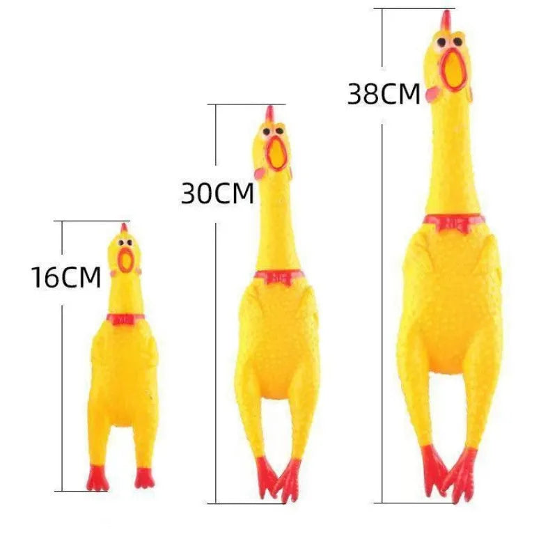 Yellow rubber screaming chicken dog squeak toy shown in three different sizes for small, medium, and large dogs