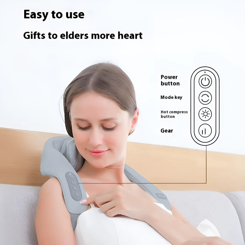 Grey elastic fabric USB rechargeable neck and back massager with infrared function.