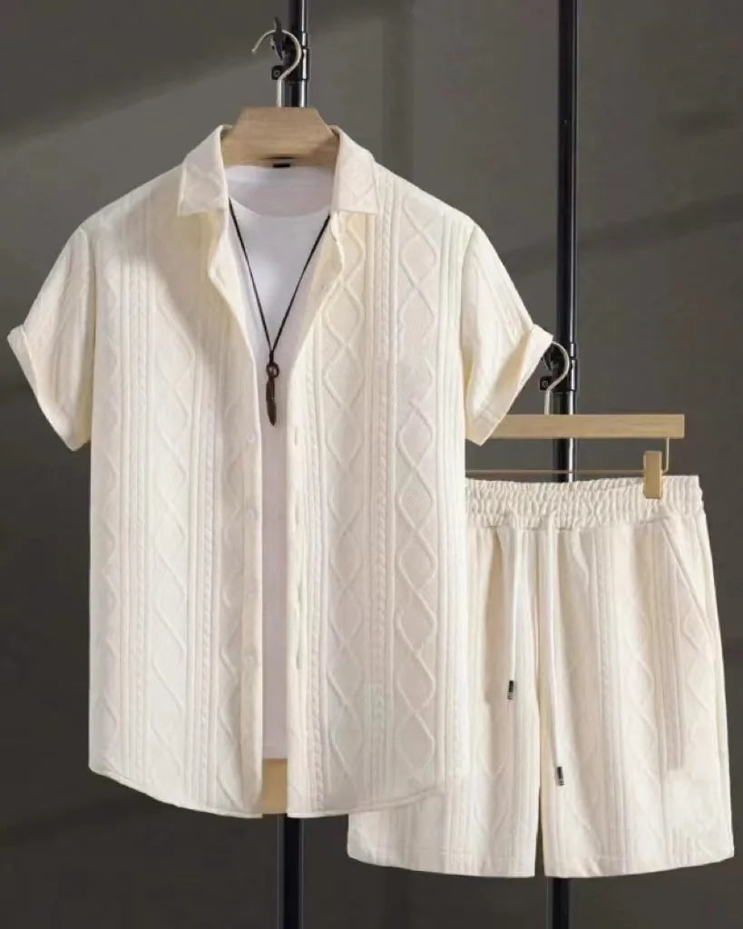 Mens jacquard short sleeve suit shirt and shorts set in solid colour with Asian sizing