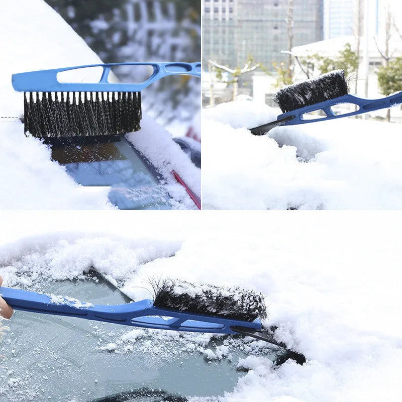 Blue hard plastic car snow shovel with nylon brush, 52 cm, on a windscreen with snow