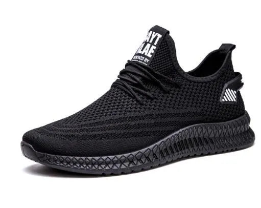 Men's mesh running shoes in black with flying weave upper and white EVA sole on grey background