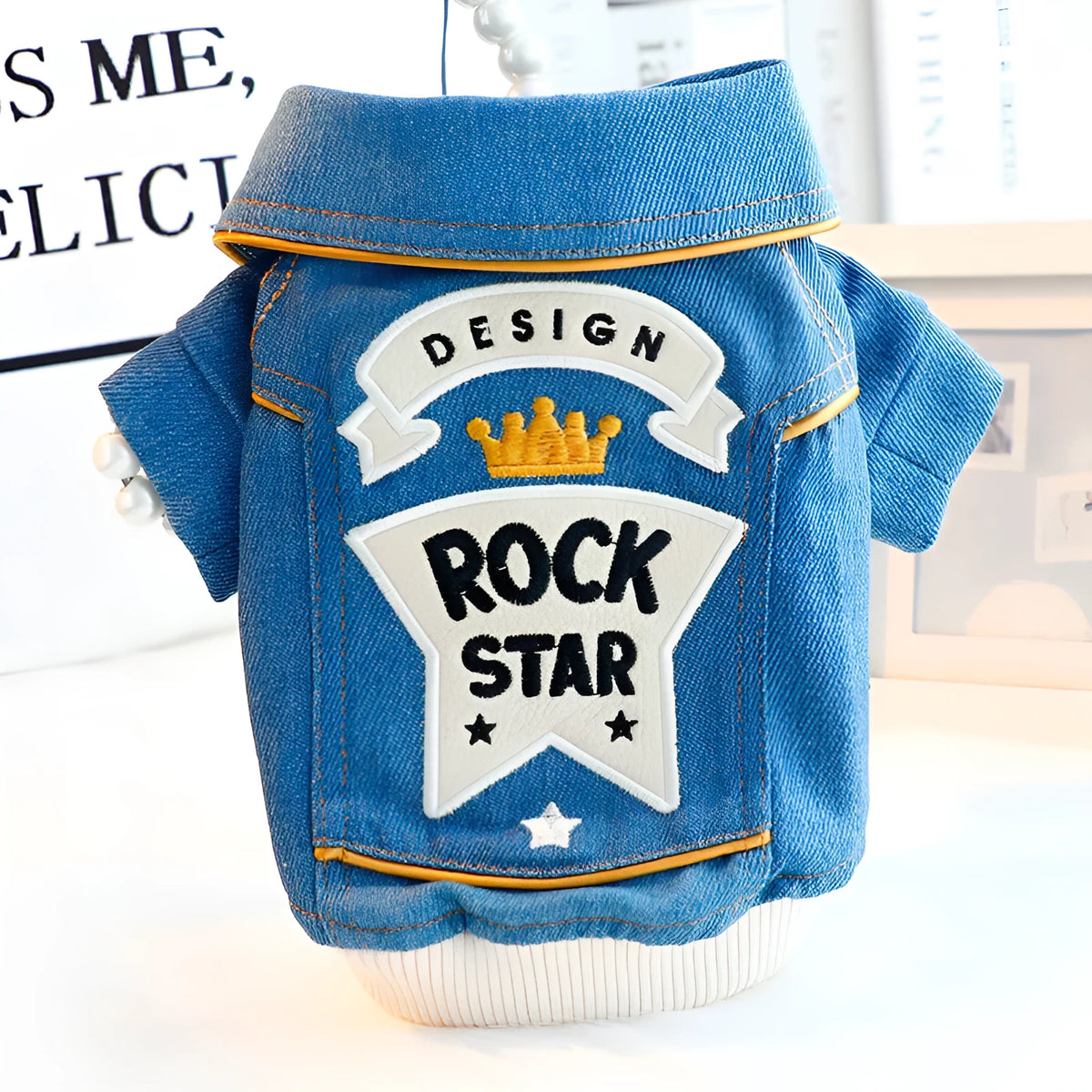 Blue denim rock embroidered pet coat for small dogs, available in XS S M L XL sizes.