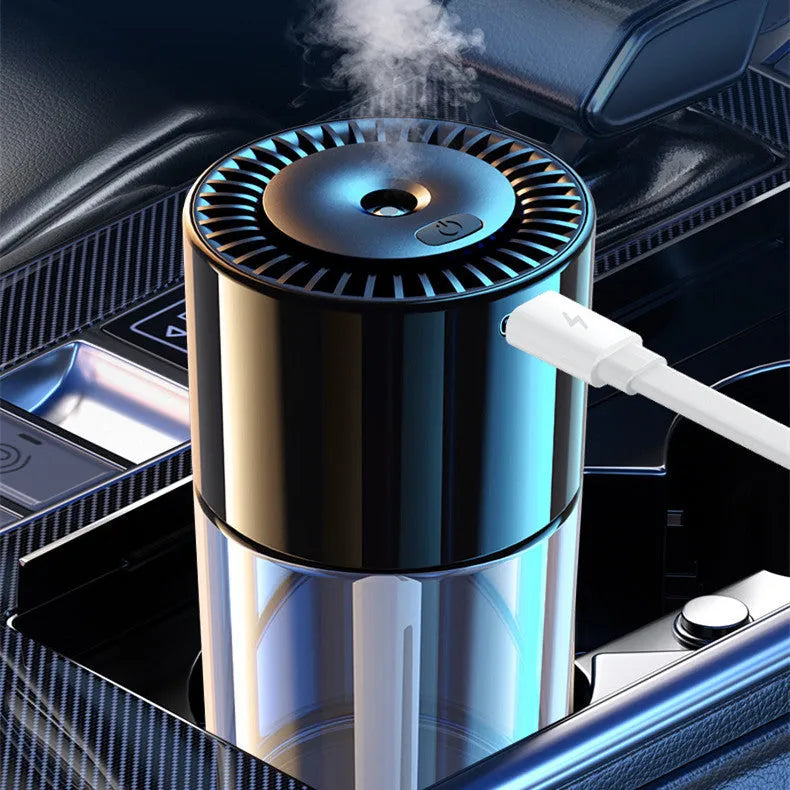 USB plug-in spray perfume humidifier with glass perfume seat in compact cylindrical design