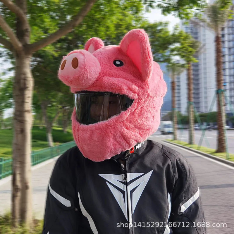 Pink pig cartoon plush protective hood cover for an average-sized motorcycle helmet.