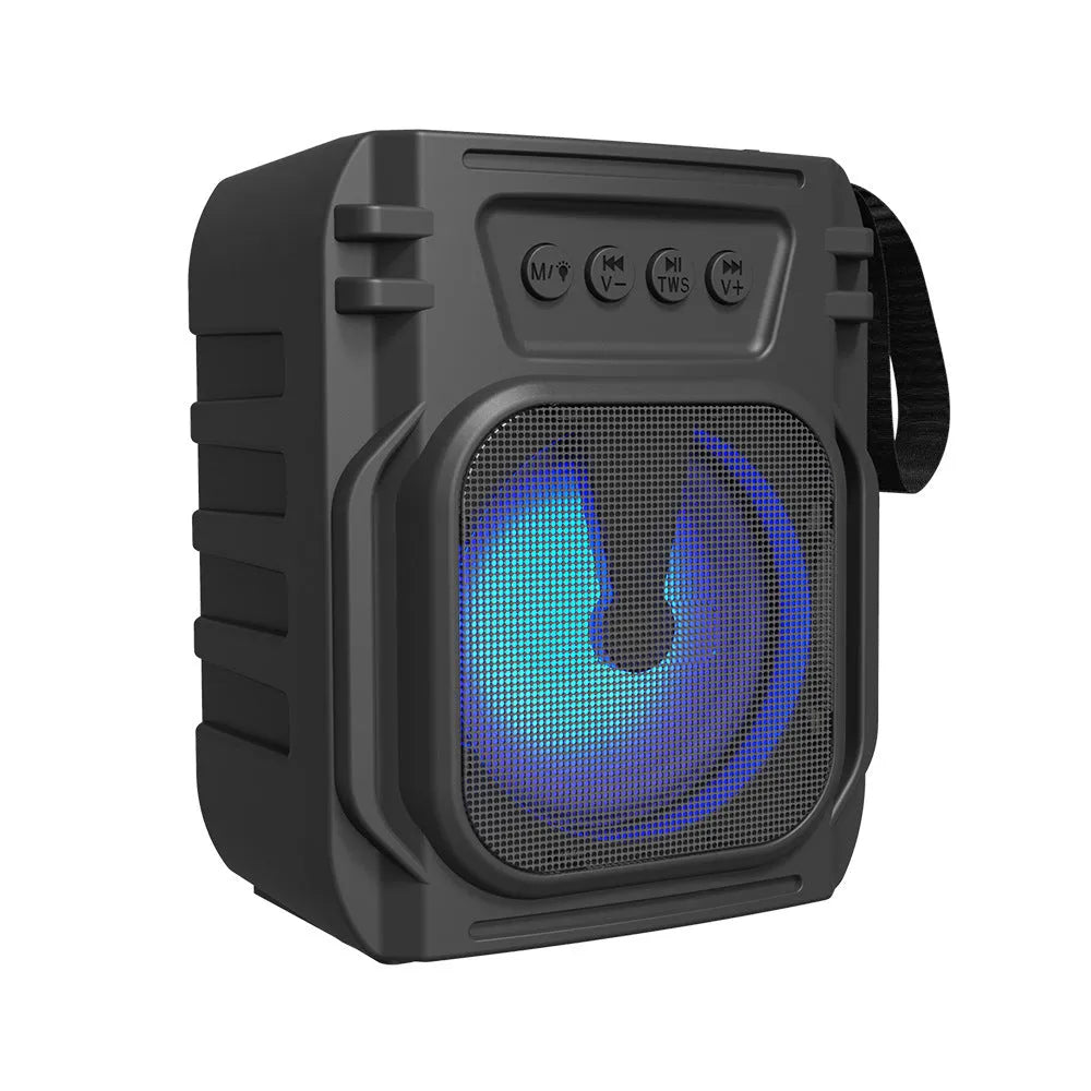 Portable Bluetooth speaker in colour 3107 shown next to its USB charging cable.