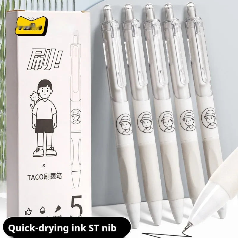 Five white ballpoint pens with 0.5mm tips and black quick-drying ink, laid side by side.