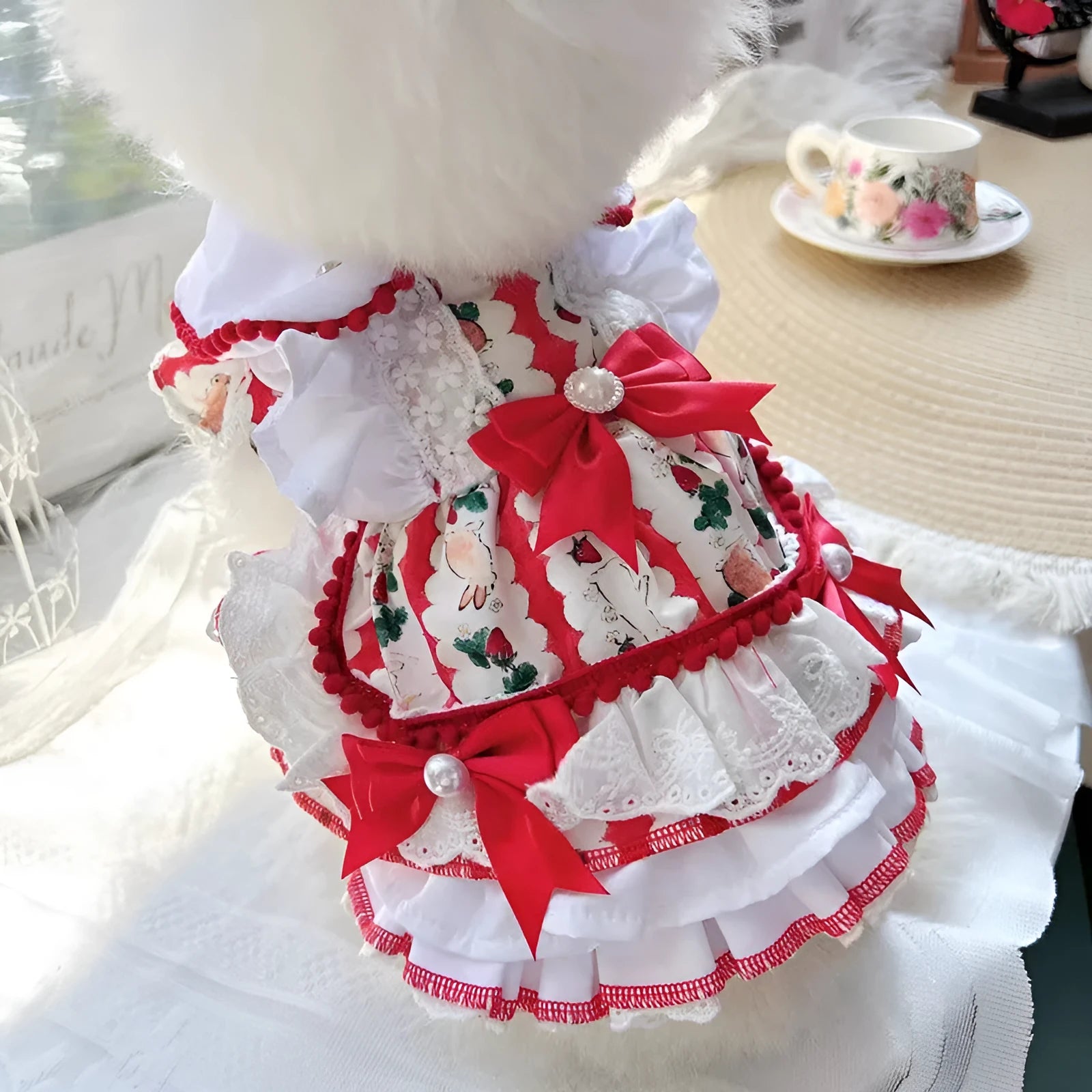 Small white dog wearing a white rabbit skirt princess style outfit with layered frills.