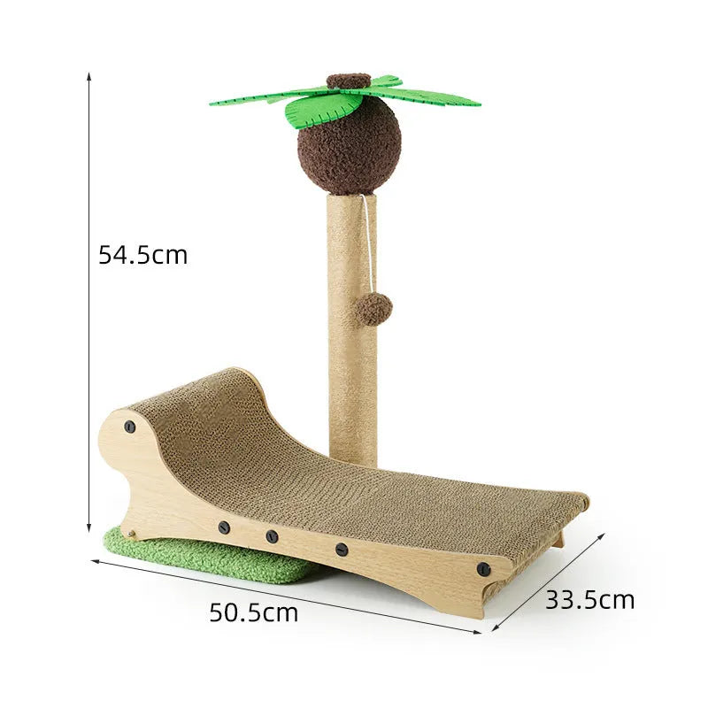 Wooden beach chair style cat climbing frame with integrated scratch board and raised cat bed.