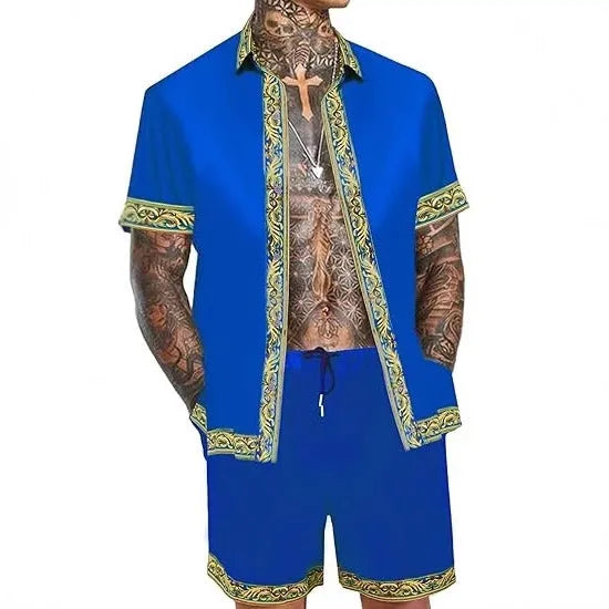 Men's casual loose short sleeve shirt and shorts set in Hawaiian suit style, polyester, eight styles, sizes S to 4XL