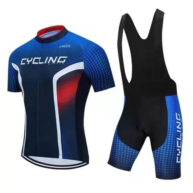 Cycling jersey and bib shorts set for men and women in a moisture-wicking fabric.